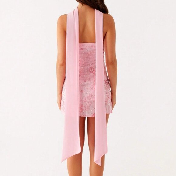 Pink Elegant Strapless Scarf sequin beaded Mini Dress - Picture 3 of 5